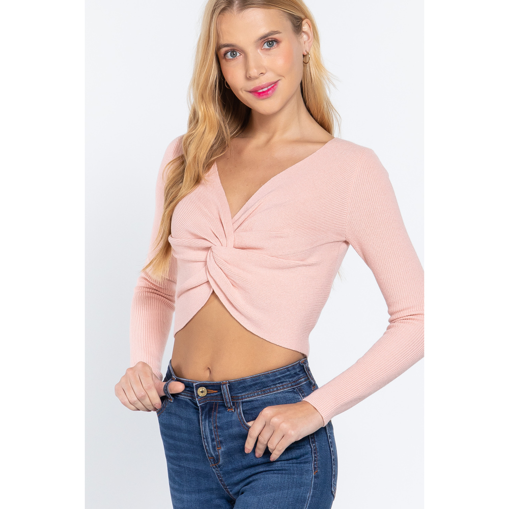 V-neck Front Knotted Crop Sweater - Picture 3 of 7